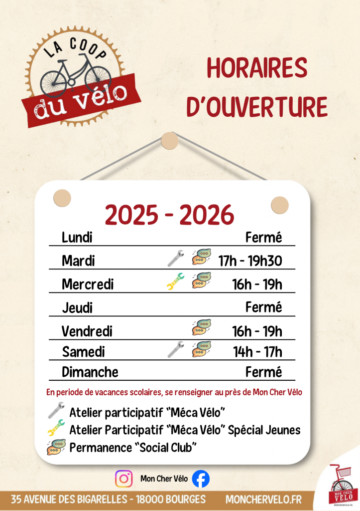 Horaires d'ouvertures-la coop duj vélo - Bourges - Mon Cher Velo